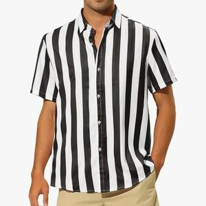 NWT Lars Amadeus Mens Stripe Short Sleeved White & Black Button Down Shirt XL